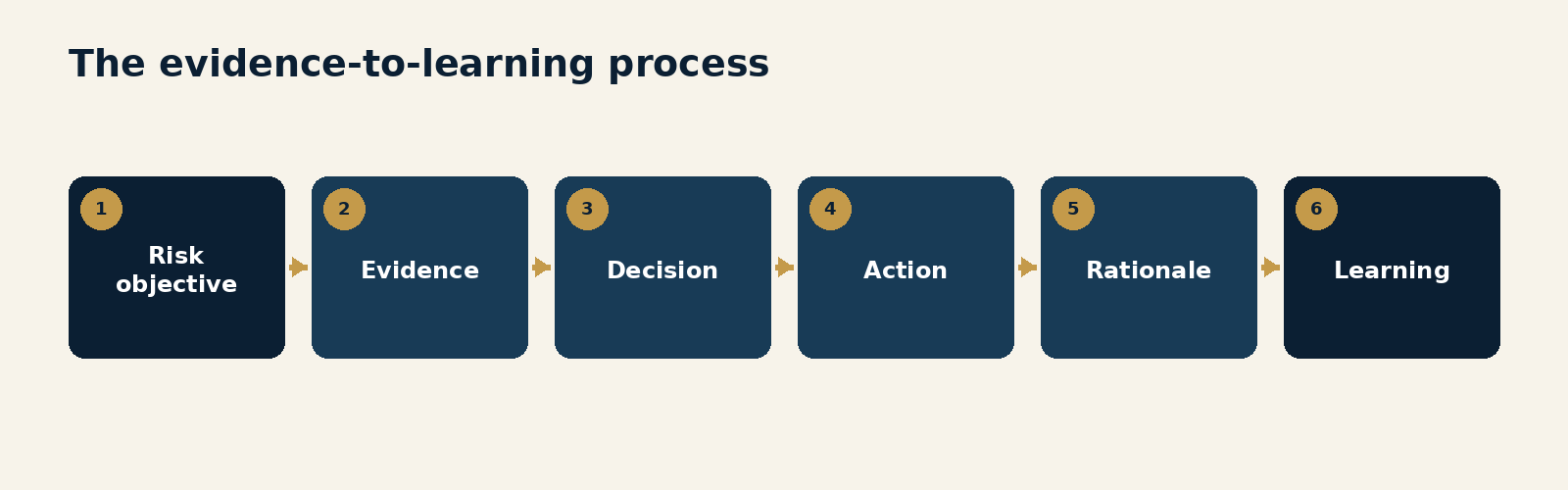 Figure 3.1. The evidence-to-learning process. A decision-centred process moving from risk objective to evidence, authorised judgment, action, recorded rationale and feedback into the control.