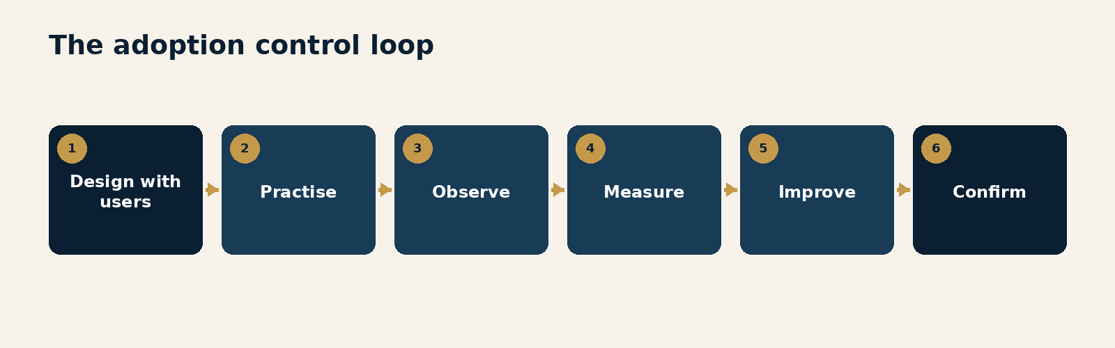 Figure 6.1. The adoption control loop. A continuous loop in which users help design the control, practise realistic work, operate under observation, reveal workarounds, receive feedback and improve the process.
