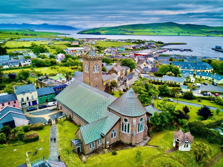 Aerial view of Dingle, County Kerry, with Saint Mary's Church and Dingle Harbour