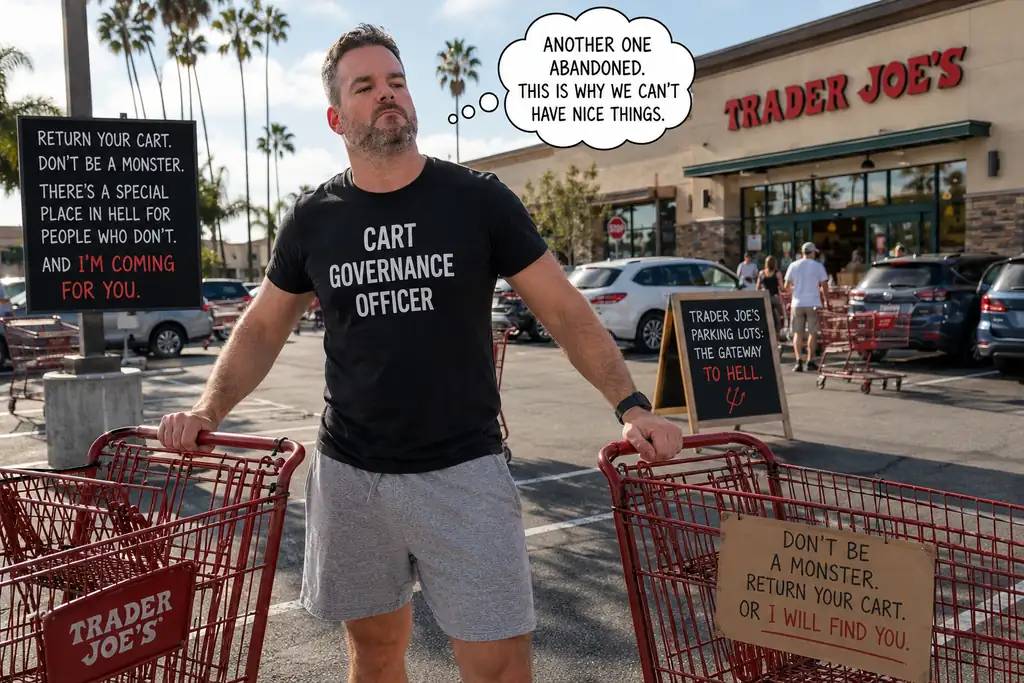 Micheal Sheehy humorously policing abandoned shopping carts in a Trader Joe’s parking lot