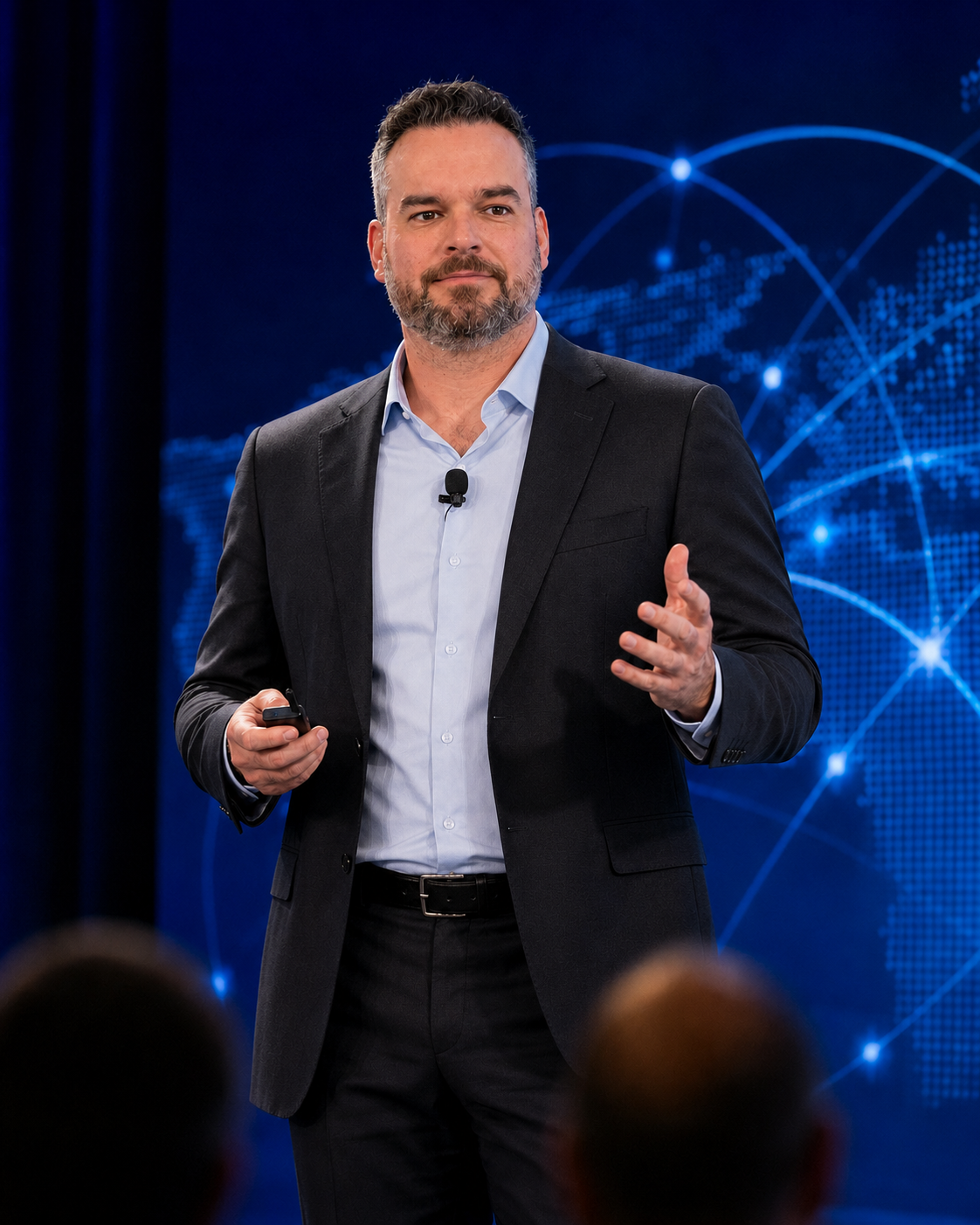 AI-created visualization of Micheal Sheehy delivering a technology conference keynote