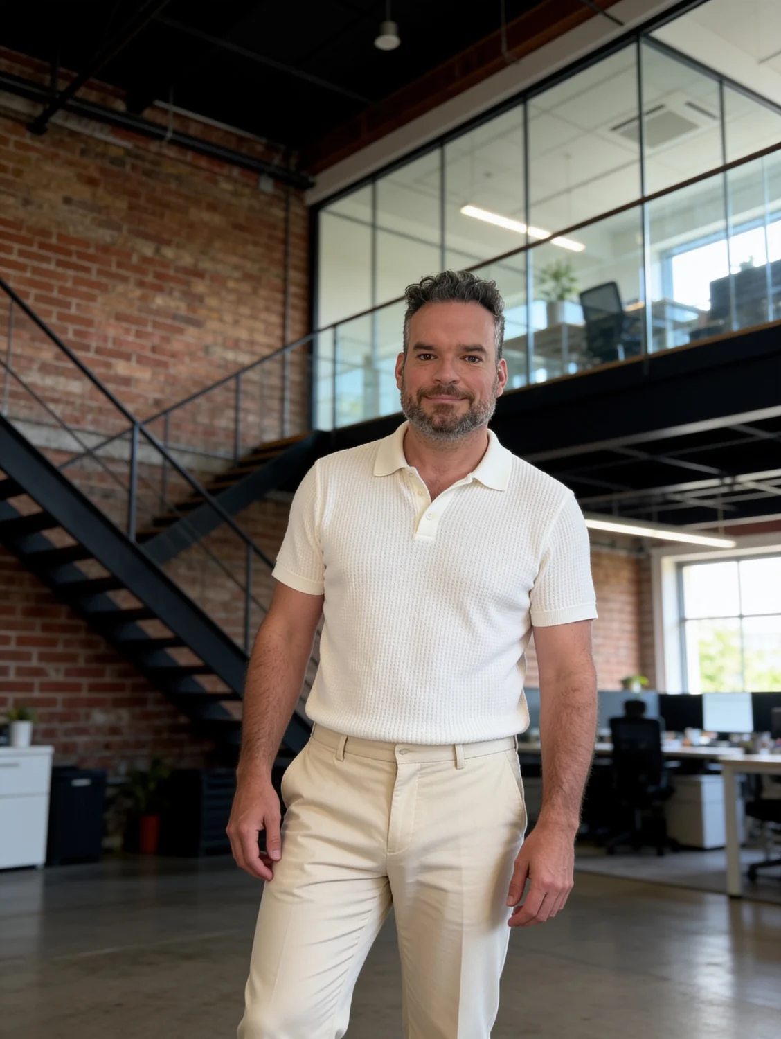 Micheal Sheehy in a cream polo in a modern office