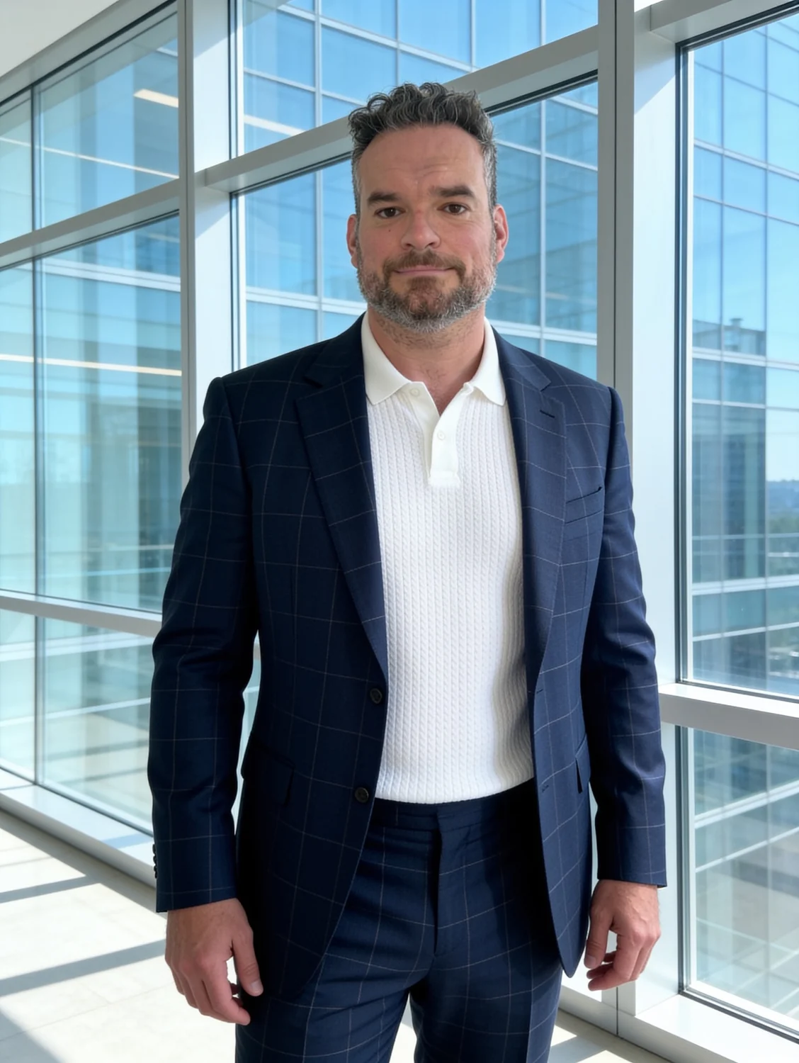 Micheal Sheehy in a windowpane suit in a modern office