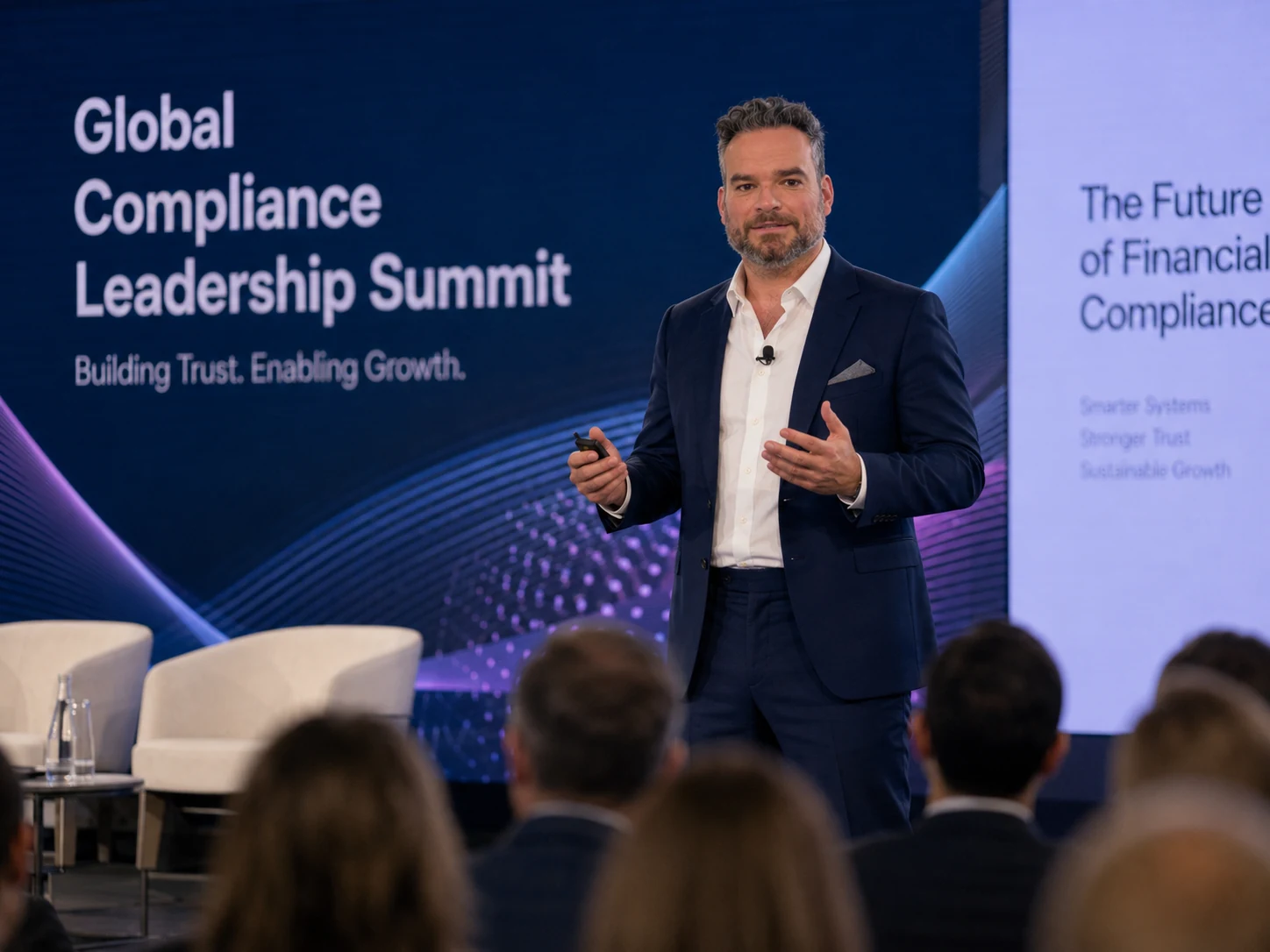 Micheal Sheehy delivering a keynote at a global compliance leadership summit