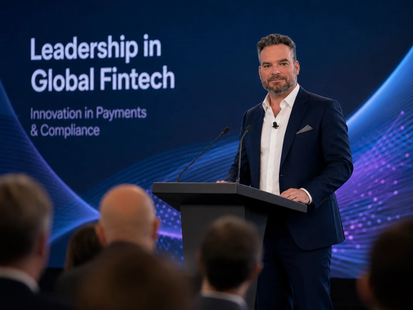 Micheal Sheehy presenting from a podium on leadership in global fintech